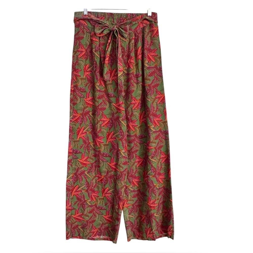 Midnight Sky Size L Green-Orange-Fuchsia Wide Leg Pants Linen Blend Tie Belt